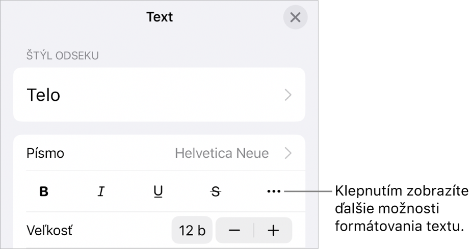 Záložka Text ovládacích prvkov Formát s bublinou pre tlačidlo Ďalšie možnosti textu.