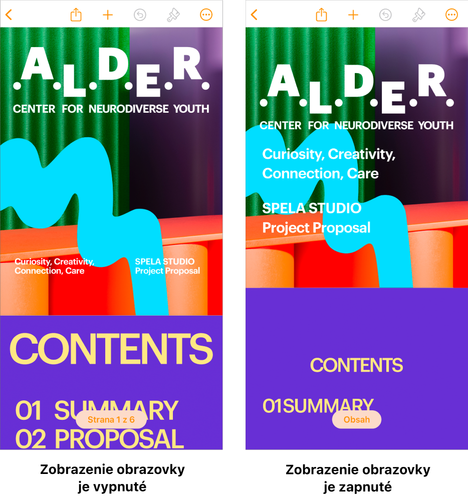 Dve zobrazenia toho istého dokumentu Pages, jedno so zapnutým a druhé s vypnutým Zobrazením obrazovky. Vo verzii so zapnutou funkciou Zobrazenie obrazovky je text upravený pre príslušnú obrazovku a zlomy strán a hlavičky sú skryté.