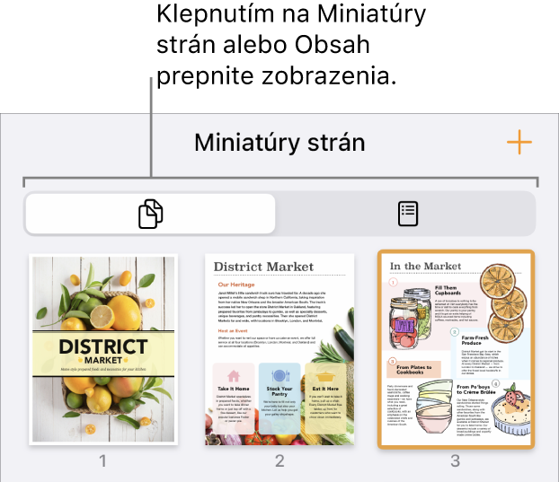 Zobrazenie Miniatúry strán s miniatúrami jednotlivých strán. Tlačidlá Miniatúry strán a Obsah sa nachádzajú v dolnej časti obrazovky.