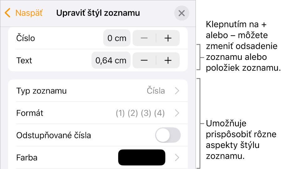 Menu Upraviť štýl zoznamu s ovládacími prvkami pre odsadenie, typ a formát zoznamu, odstupňované čísla a medzery medzi riadkami.