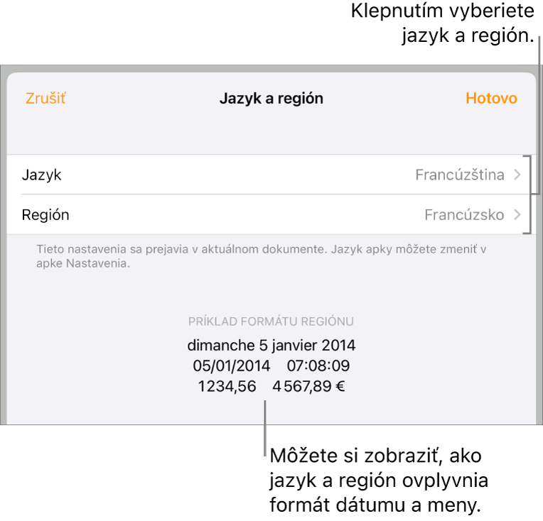 Panel Jazyk a región s ovládacími prvkami pre jazyk a región a príklad formátu dátumu, času, desatinného znaku a meny.