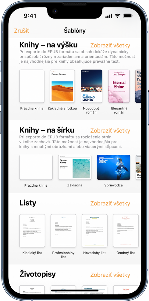 Výber šablón so šablónami kníh v orientácii na výšku v hornej časti a v orientácii na výšku nižšie.