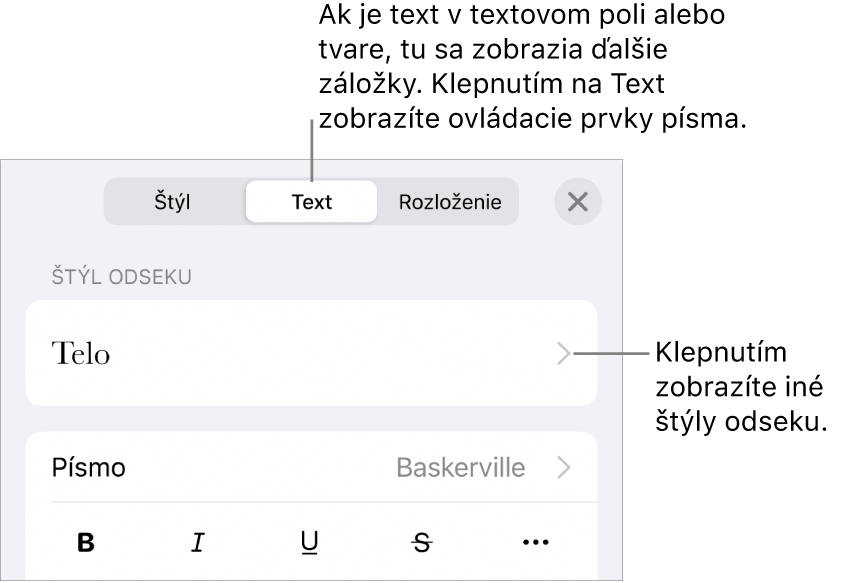 Menu Formát zobrazujúce ovládacie prvky pre nastavenie štýlov odseku a znakov, písma, veľkosti a farby.