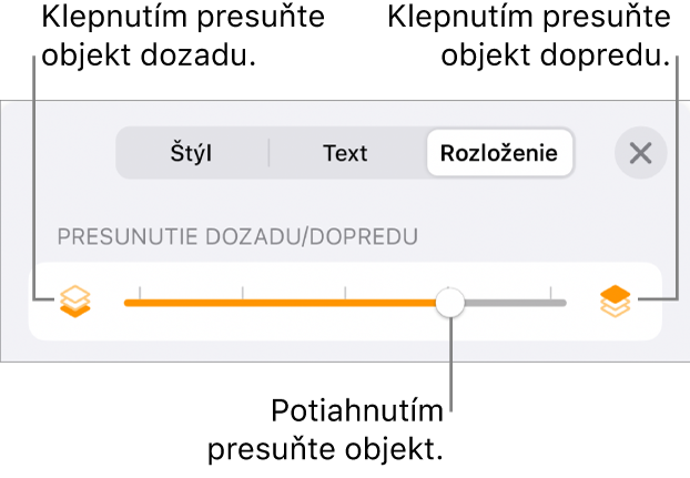 Tlačidlo Presunúť dozadu, tlačidlo Presunúť dopredu a posuvník vrstiev.