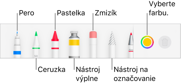 Panel s nástrojmi kreslenia v Pages na iPhone s perom, ceruzkou, pastelkou, výplňou, zmizíkom, nástrojom výberu a vzorkovníkom farieb zobrazujúcim aktuálnu farbu.