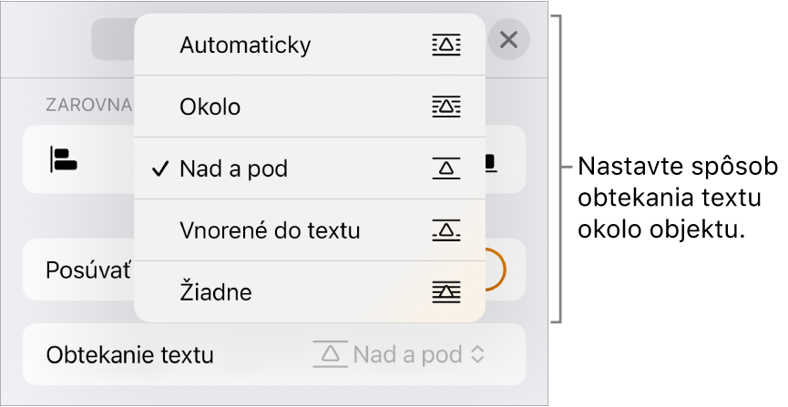 Ovládacie prvky Obtekanie textu s možnosťami Automatické, Dookola, Nad a pod, Vnorené do textu a Žiadne.