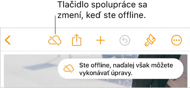 Tlačidlá v hornej časti obrazovky s tlačidlom Spolupráca zmeneným na obláčik s diagonálnou čiarou. Upozornenie na obrazovke s oznámením Ste offline, ale naďalej môžete upravovať.