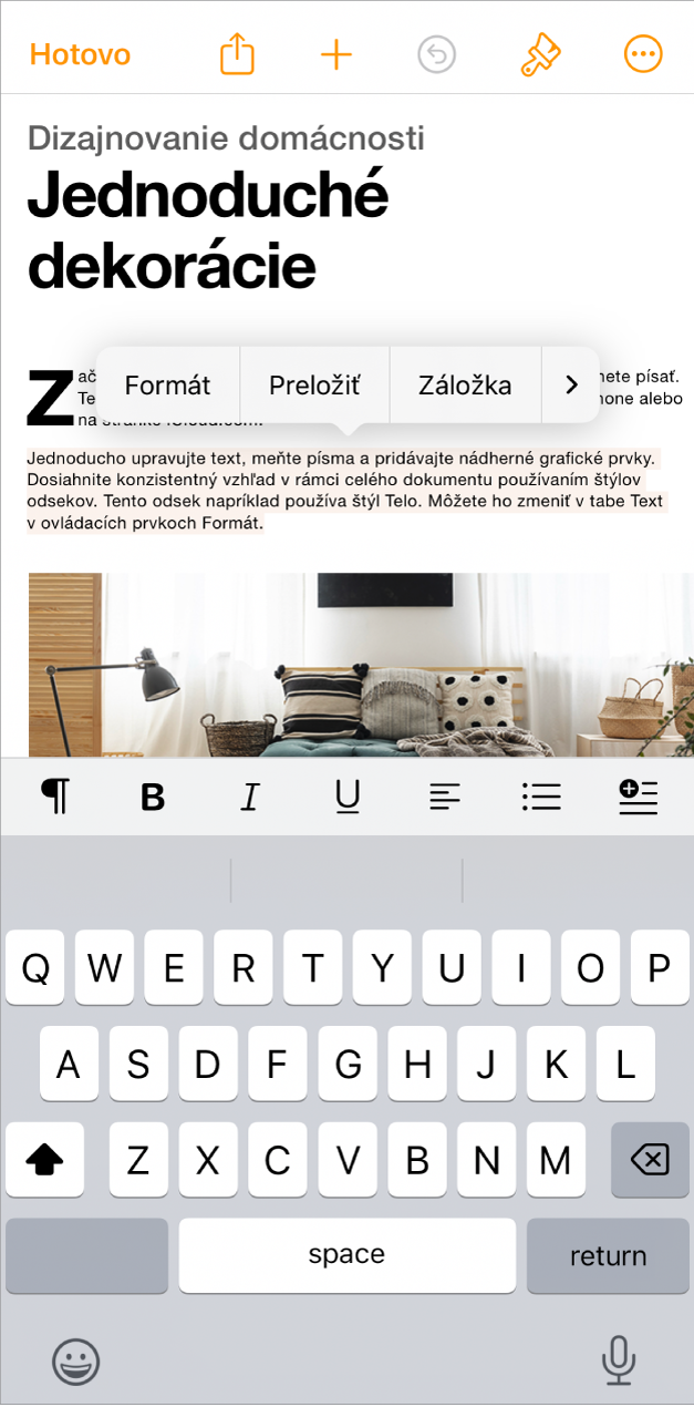 V otvorenom dokumente je označený vzorový text na šablóne.