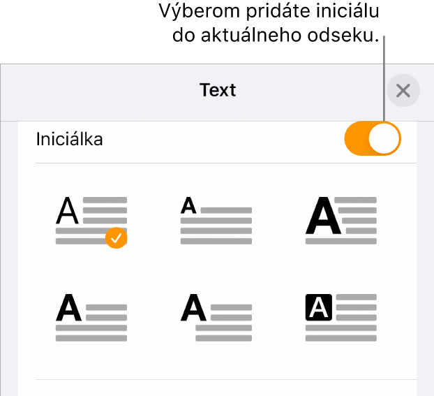Ovládacie prvky Iniciálka v menu Text.