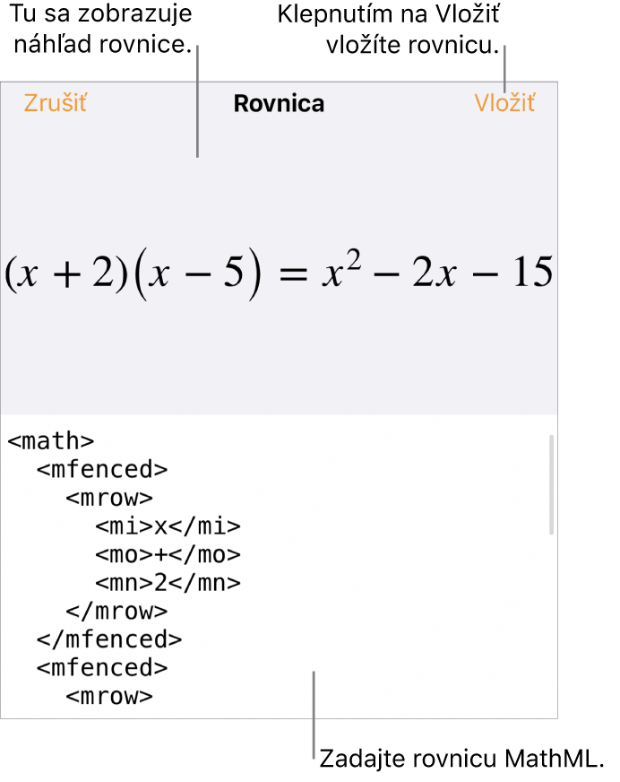 Dialógové okno Rovnica zobrazujúce rovnicu napísanú pomocou príkazov MathML, vyššie sa nachádza náhľad vzorca.