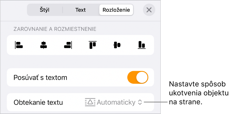 Ovládacie prvky usporiadania s možnosťami Presunúť s textom a Obtekanie textu.