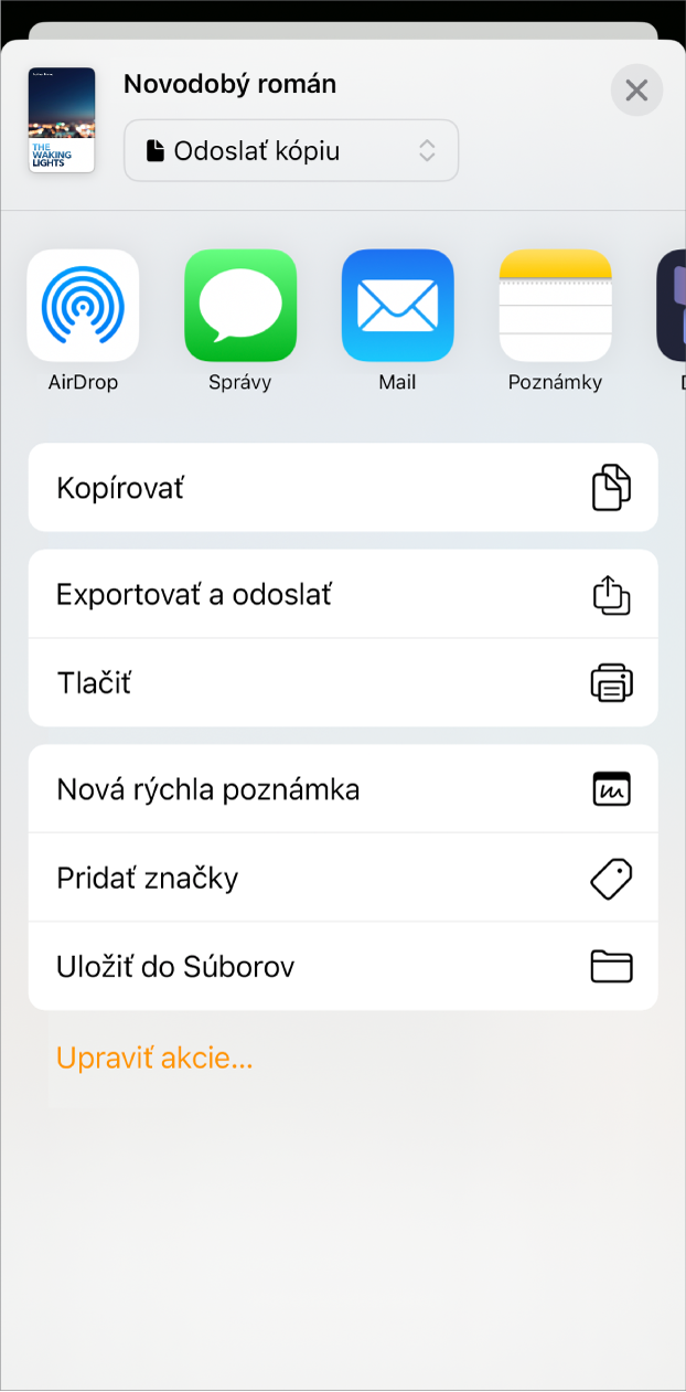 Zobrazuje sa menu Zdieľať s možnosťami odoslania v hornej časti a možnosťami Kopírovať, Exportovať a odoslať, Tlačiť, Nová rýchla poznámka, Pridať tagy a Uložiť do Súborov v spodnej časti.