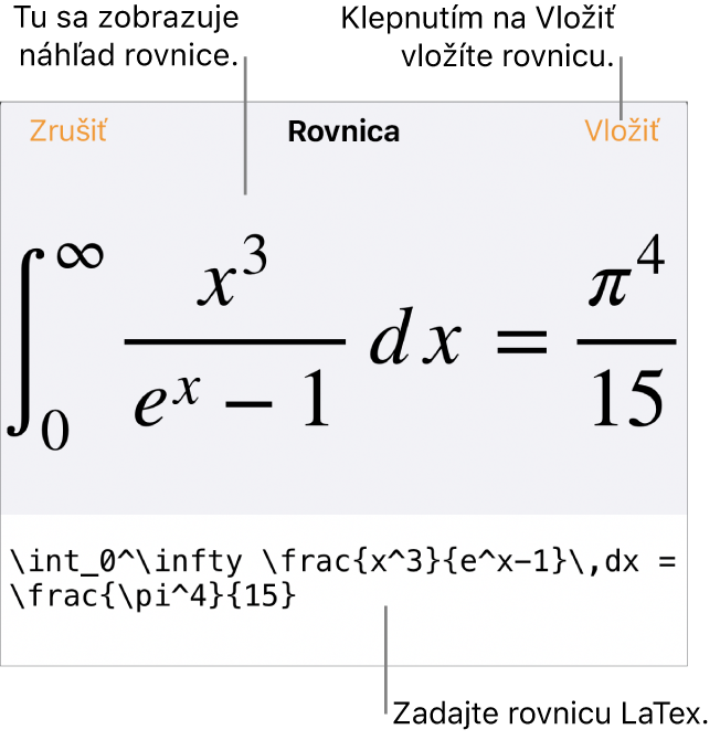 Dialógové okno Rovnica zobrazujúce rovnicu napísanú pomocou príkazov LaTeX, vyššie sa nachádza náhľad vzorca.