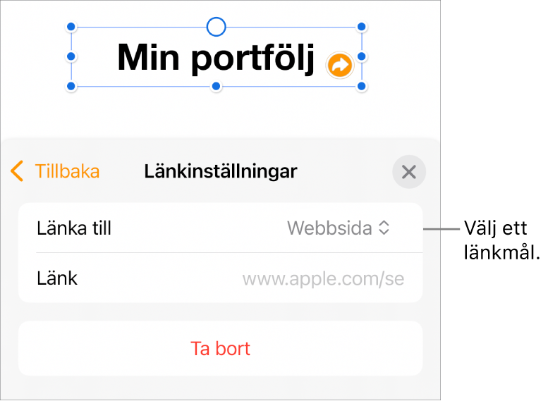 Reglage för länkinställningar med Webbsida markerat och knappen Ta bort längst ned.
