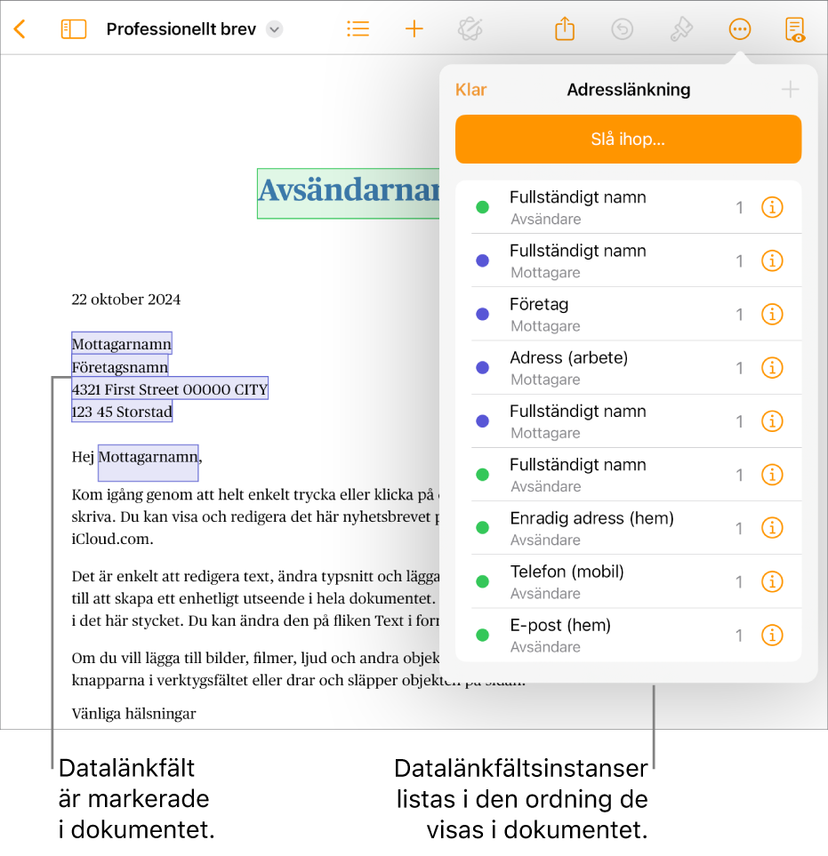 Pages-dokument med datalänkfält för mottagare och avsändare. Instanslistan för datalänkfältet är synligt i dokumentsidofältet.