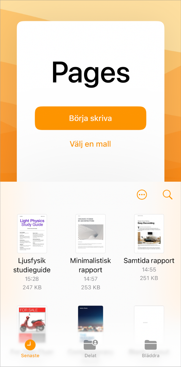 Välkomstskärmen i Pages med alternativen Börja skriva och Välj en mall upptill samt de senaste dokumenten synliga nedtill.