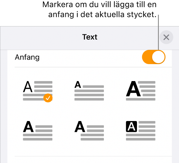Anfangreglagen i menyn Text.