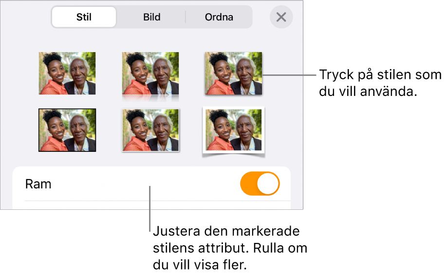Stil i menyn Format med objektstilar överst och ett reglage under för att ändra ramen.