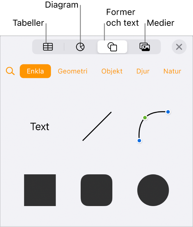 Reglagen Infoga med knappar för att lägga till tabeller, diagram, text, former och medier överst.