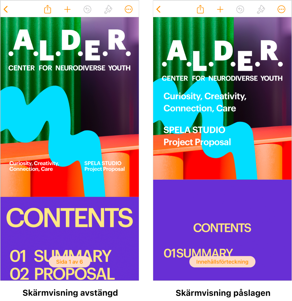 Två vyer av samma Pages-dokument. Ett visas med Skärmvisning och det andra utan Skärmvisning. I versionen där skärmvisning är påslagen justeras textstorleken till skärmen och sidbrytningar och rubriker göms.