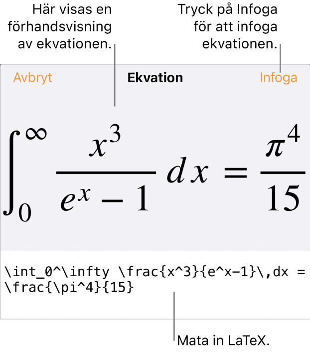 Dialogrutan Ekvation visar en ekvation som skrivits med LaTex-kommandon och en förhandsvisning av formeln ovanför den.