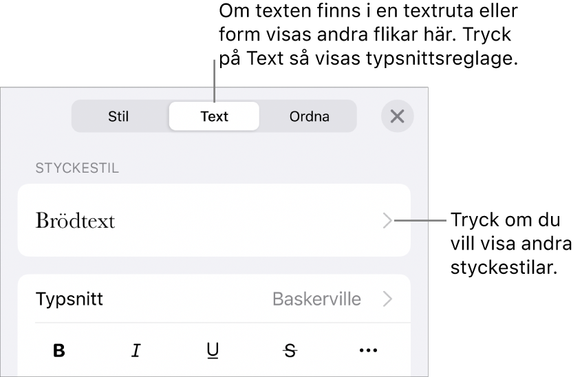Menyn Format med textreglage för att ställa in stycke- och teckenstilar, typsnitt, storlek och färg.