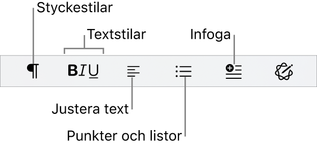 Snabbformatfältet visar symboler för styckestilar, textstilar, textjustering, punkter och listor samt infogning av element.