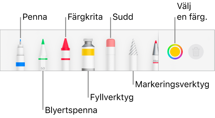 Ritverktygsfältet i Pages på iPhone med en penna, blyertspenna, krita, fyllningsverktyg, sudd, markeringsverktyg och en färgkälla som visar den aktuella färgen.