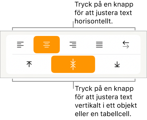 Knapparna för horisontell eller vertikal justering av text.
