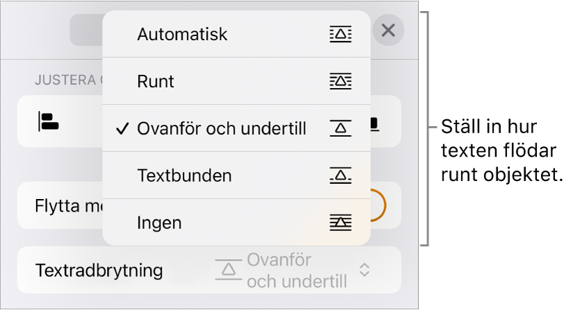 Textradbrytningsreglagen med inställningar för Automatiskt, Runt, Ovanför och nedanför, Textbunden och Ingen.