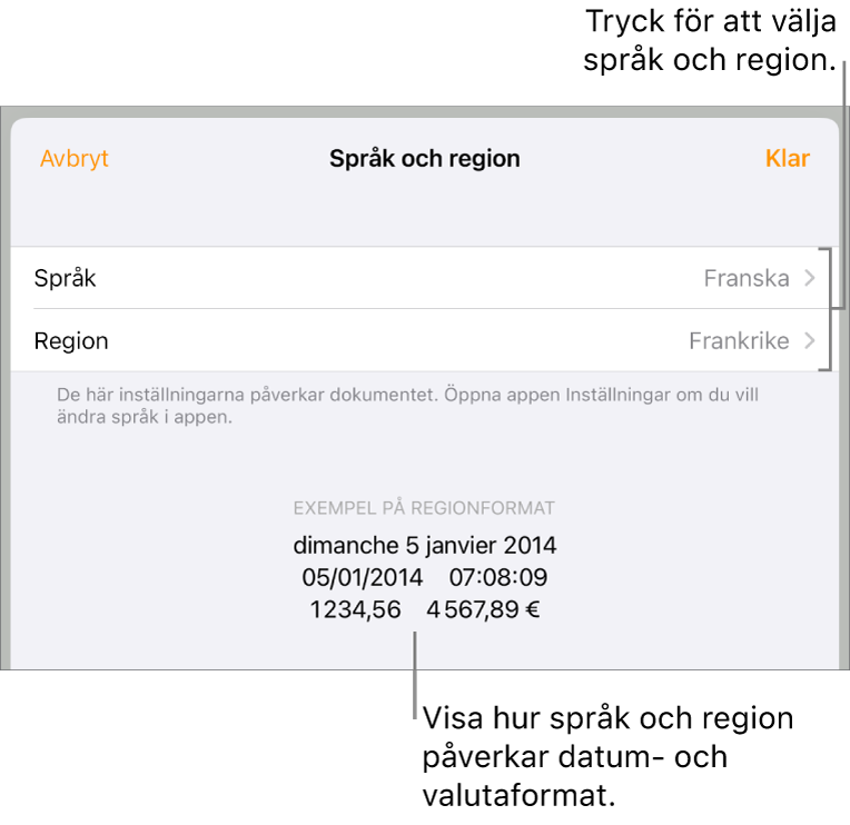 Panelen Språk och region med reglage för språk och region samt ett formatexempel med datum, tid, decimal och valuta.