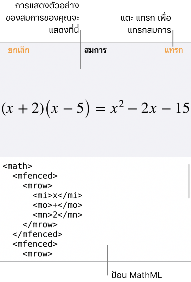 หน้าต่างโต้ตอบสมการ ที่แสดงสมการที่เขียนโดยใช้คำสั่ง MathML และการแสดงตัวอย่างของสูตรด้านบน