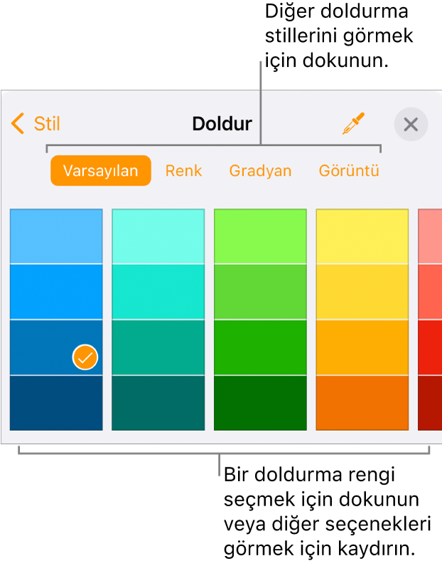 Biçim düğmesinin Stil sekmesindeki Doldur seçenekleri.