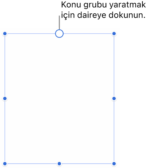Üstünde beyaz bir daire, köşelerinde, kenarlarında ve altında büyüklük değiştirme tutamakları olan boş bir metin kutusu.