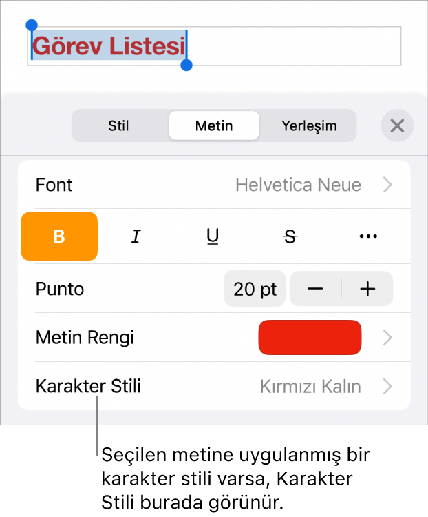 Renk denetimlerinin altında Karakter Stili ile Metin biçimleme denetimleri. Karakter stili olarak yanında yıldızla Yok görünüyor.