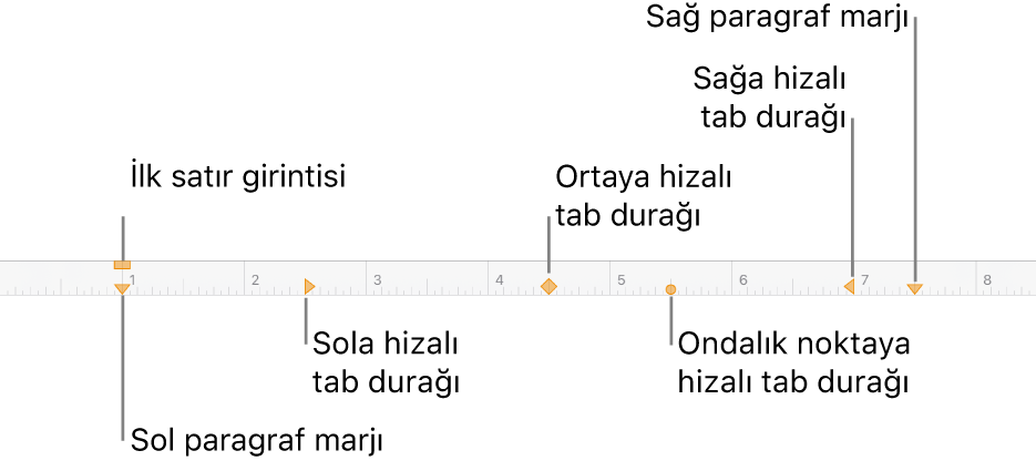 Sol ve sağ marjlar, ilk satır girintisi ve dört tür tab durağı için denetimleri gösteren cetvel.