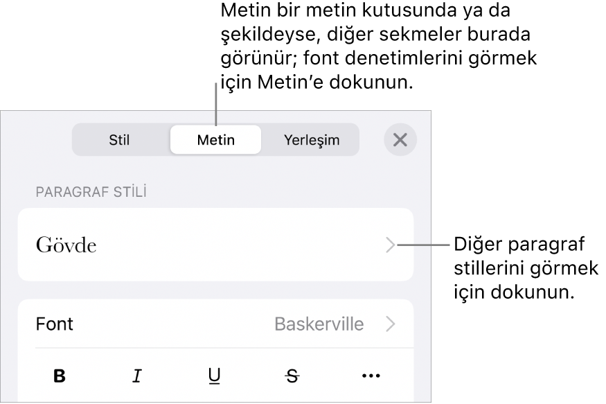 Paragraf ve karakter stillerini, fontu, puntoyu ve rengi ayarlamayla ilgili metin denetimlerini gösteren Biçim menüsü.