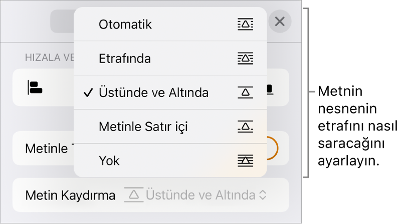 Otomatik, Etrafında, Üstünde ve Altında, Metinle Satır İçi ve Yok için ayarlar içeren Metin Kaydırma denetimleri.