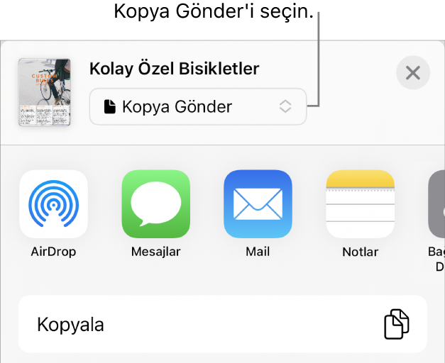 Paylaş menüsü, en üstte Kopya Gönder seçili.