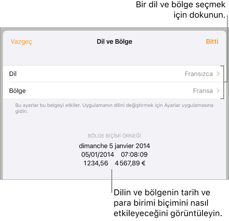Dil ve bölge denetimleri ve tarih, saat, ondalık ve para birimi de dahil olmak üzere bir biçim örneği ile Dil ve Bölge bölümü.