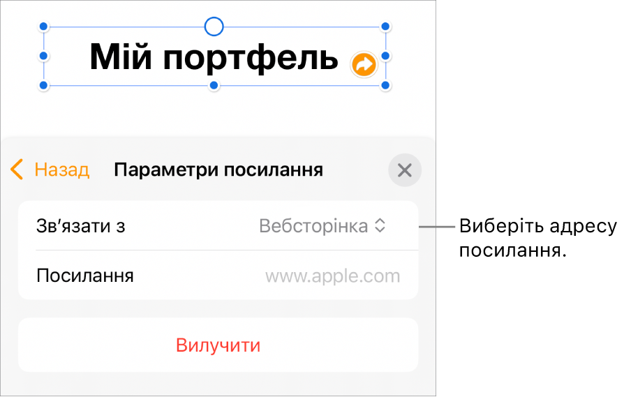 Елементи керування параметрами посилань із вибраною вебсторінкою та кнопкою «Вилучити» внизу.