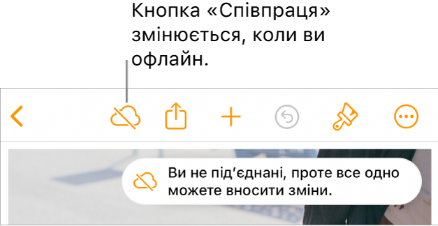 Кнопки вгорі екрана з кнопкою «Співпраця», заміненою на значок хмарки з діагональною лінією. Попередження на екрані «Ви офлайн, утім ви досі можете редагувати».
