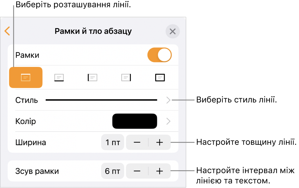 Елементи керування стилем, товщиною, положенням та кольором лінії.