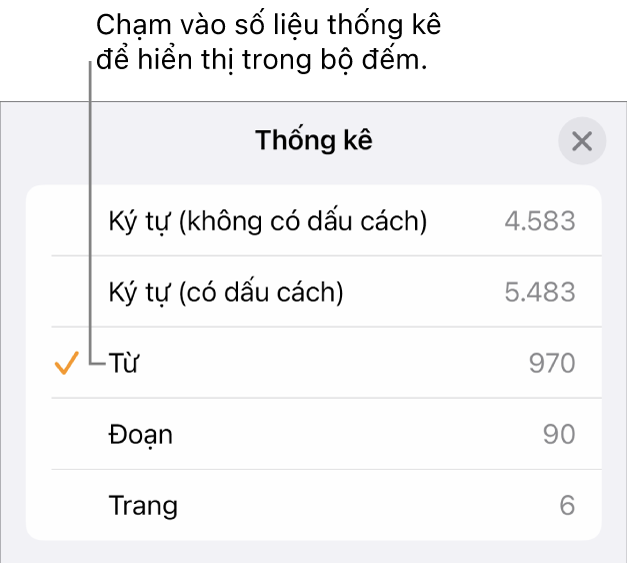 Menu Thống kê đang hiển thị các tùy chọn để hiển thị số lượng ký tự có và không có dấu cách, số từ, số đoạn và số trang.