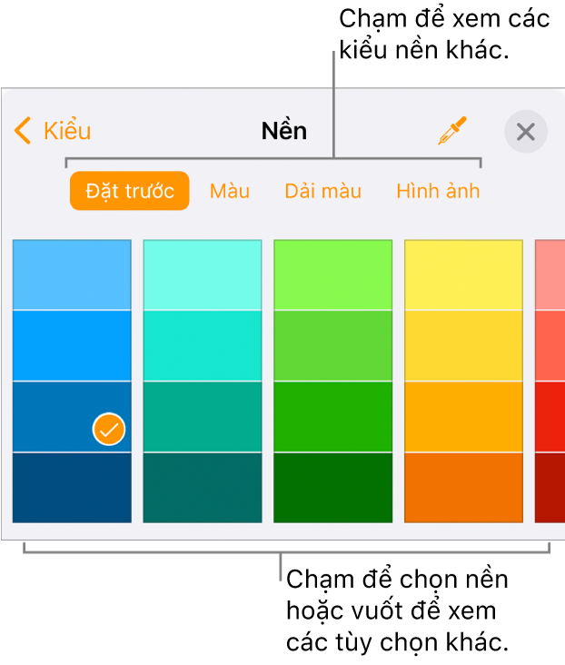 Các tùy chọn Nền trong tab Kiểu của nút Định dạng.