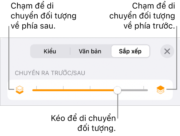 Nút Chuyển ra sau, nút Chuyển ra trước và thanh trượt tạo lớp.