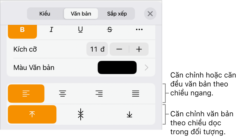 Khung Bố cục với các lời nhắc đến các nút căn chỉnh văn bản và giãn cách.