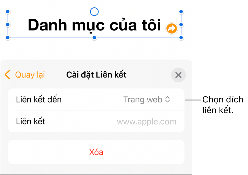 Các điều khiển Cài đặt Liên kết với Trang web được chọn và nút Xóa nằm ở cuối.