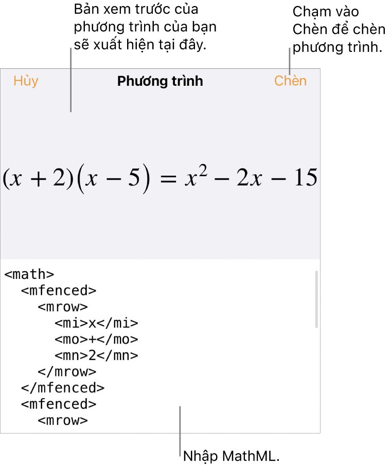 Hộp thoại Phương trình, đang hiển thị phương trình được viết bằng các lệnh MathML và bản xem trước của công thức ở bên trên.
