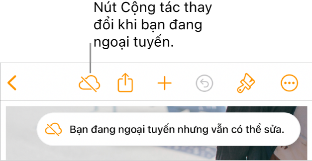 Các nút ở đầu màn hình, với nút Cộng tác được thay đổi thành đám mây với đường chéo xuyên qua. Cảnh báo trên màn hình cho biết “Bạn đang ngoại tuyến nhưng vẫn có thể sửa”.